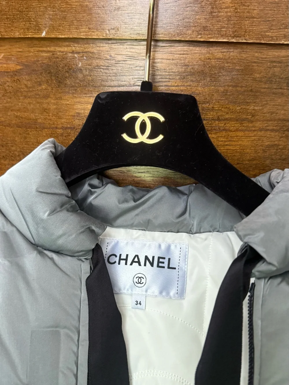 CHANEL Light Gray Quilted Logo Puffer Jacket - Picture 2 of 5